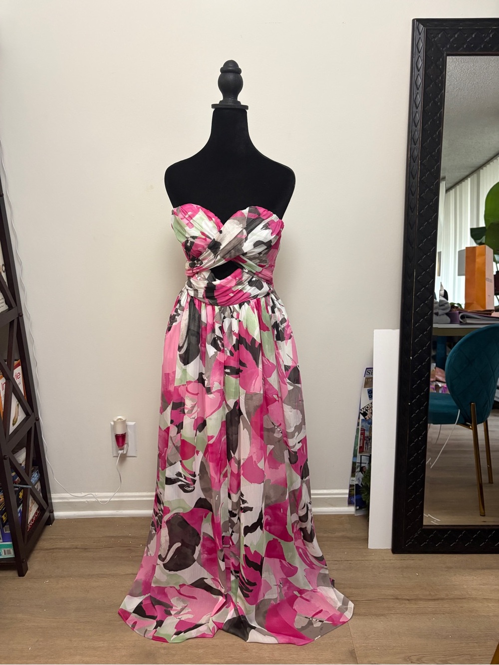 Express Strapless Pink Green Floral Maxi Dress